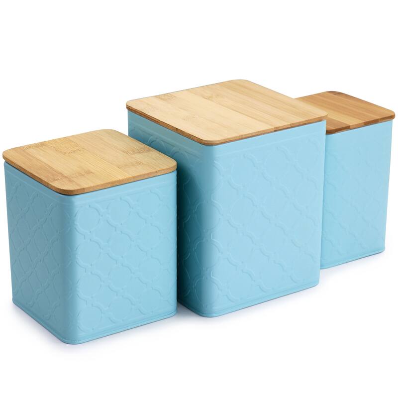3 Piece Bamboo Lid Square Iron Canister Set in Matte Teal