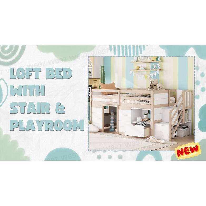 Low Loft Bed with Stair & Playroom for Kids Wooden Twin Size Storage Bed with Drawer, Shelves, Window and Safety Guardrails