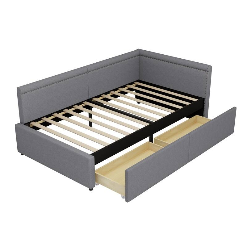 Modern Style Twin Size L Shape Corner Bed, Linen Upholstered Daybed with Two Storage Drawers