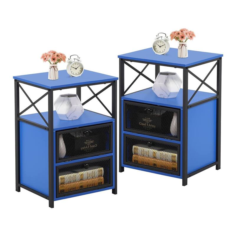 VECELO Modern End Table with 3-tier Storage Shelves, Nightstands with Charging Station(Nightstand Set of 2)