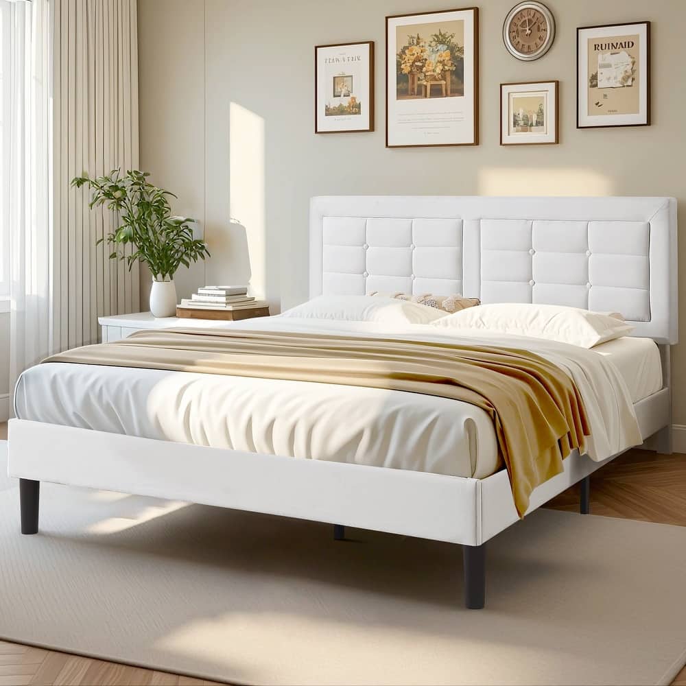 VECELO Bed Frame with Adjustable Headboard Upholstered Button Tufted Platform Bedframe with Wood Slats Support
