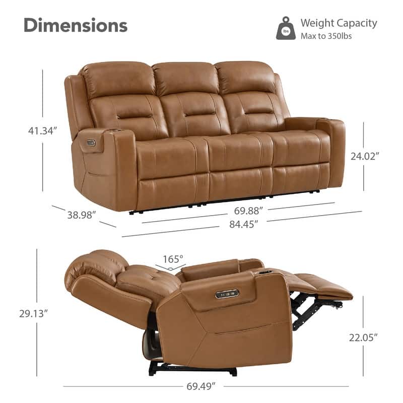 Spruce & Spring Genuine Leather Power Reclining Sofa with Wireless Charging