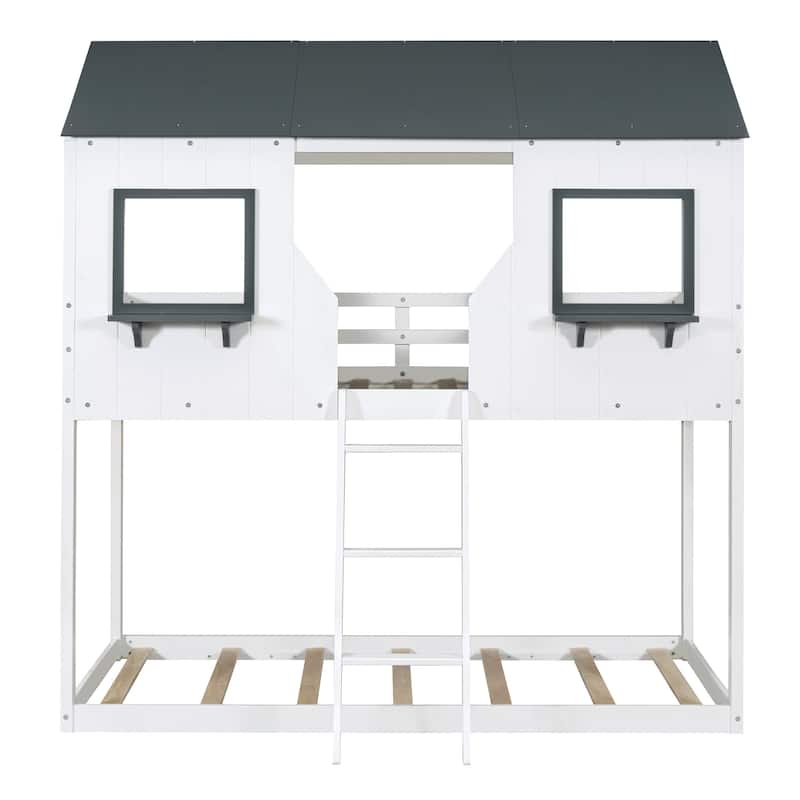 Twin Over Twin Bunk Bed Wood Bed with Roof, Window, Guardrail, Ladder
