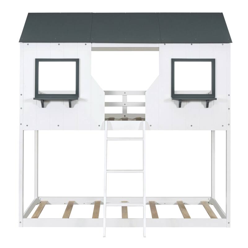 Twin Over Twin Bunk Bed with Roof, Window, Guardrail, and Ladder in White