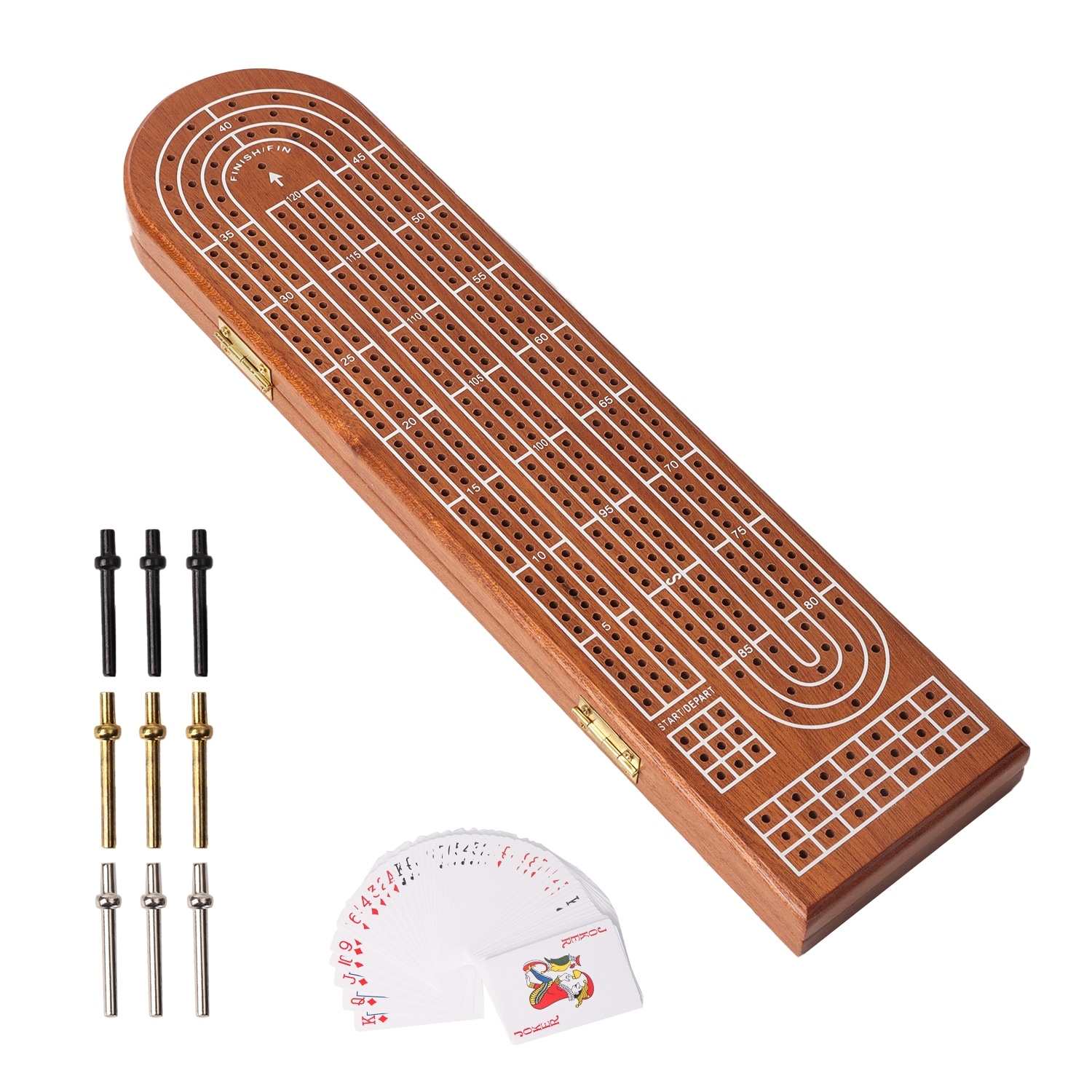 GSE™ 3-Track Wooden Cribbage Board Game with Playing Card Dcek, Metal Pegs and Storage Area