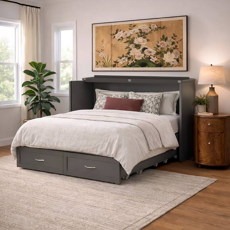 Hamilton Queen Murphy Bed Chest with 6" Mattress, Storage Drawer & Built-In Charger in Grey