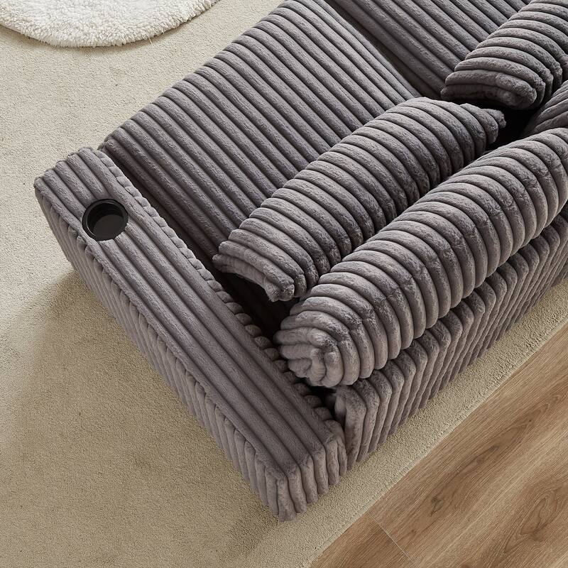 Modern 126-inch Corduroy Sofa with 4 Cushions, Movable Footrest, USB Ports, and Cup Holders