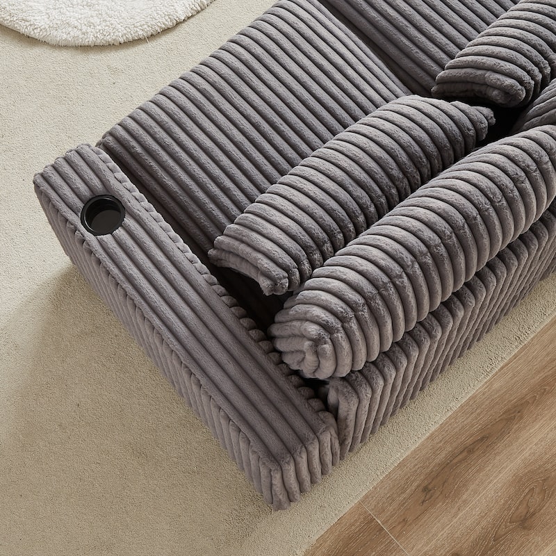 Super Large 126-Inch Corduroy L-Shaped Sofa with Cup Holders, USB Port, Movable Footrest, and 8 Cushions.