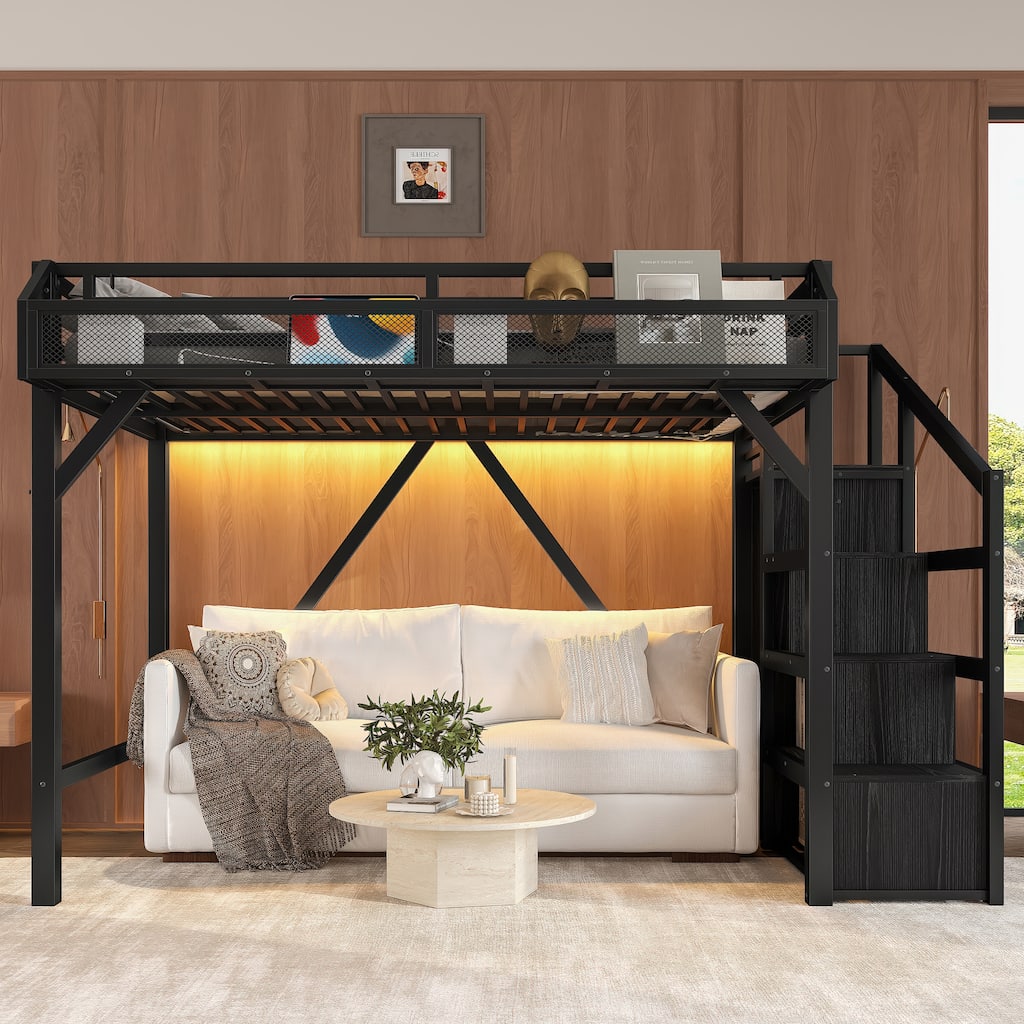 Twin XL Loft Bed with Storage Stairs, Shelves and Built-in Wardrobe, Metal Loft Bed Frame with USB Ports and LED Lights