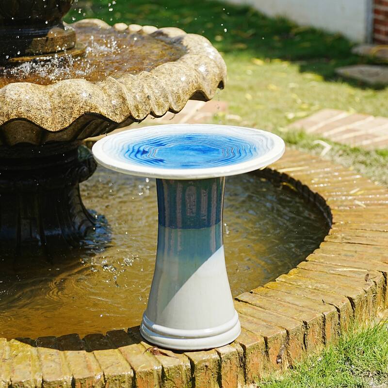 17"Ceramic Bird Bath for Outside, Elegant Tall Outdoor Bird Bath, Lightweight Pedestal Glazed Birdbaths with Swirl Pattern