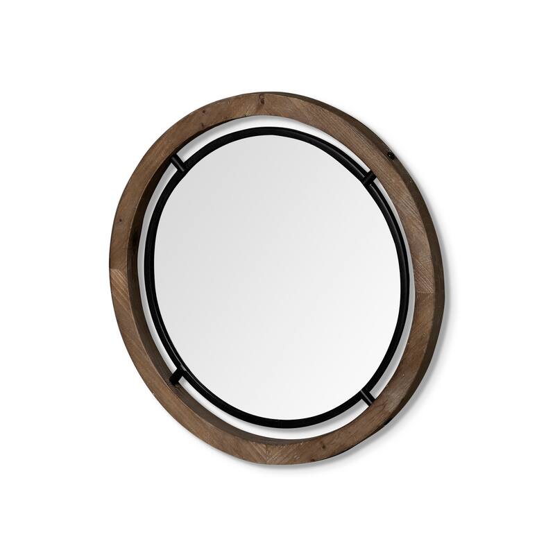 Josi Brown Solid Wood With Black Metal Frame Round Mirror (24") - 24.3" L x 1.3" W x 24.3" H