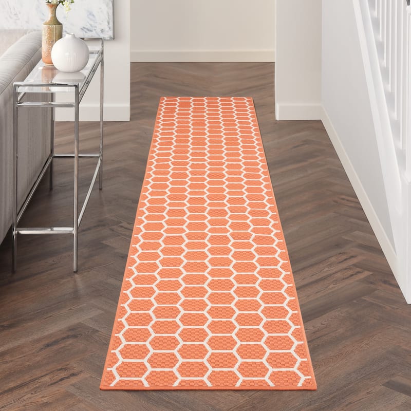 Nourison Reversible Indoor Outdoor Indoor/Outdoor Geometric Area Rug - 12' Runner - Coral
