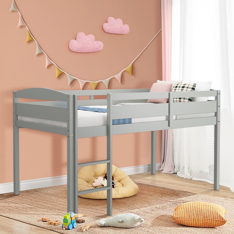 Gymax Twin Size Loft Bed Wooden Slats Support Loft Bed Frame w/ Ladder - Grey