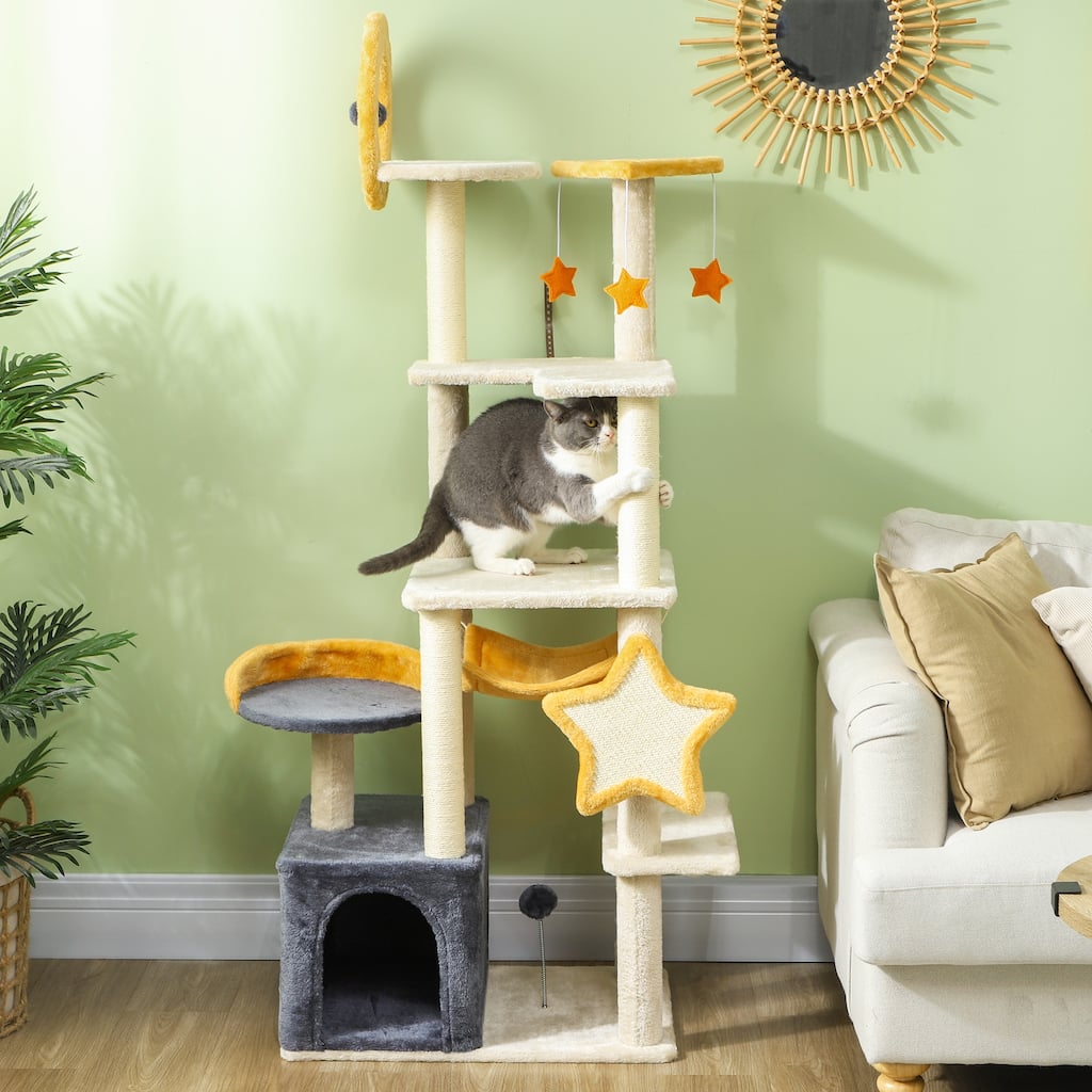 PawHut Cat Tree, 63"Moon and Star Themed Cat Tower with Scratching Post, Hammock, Condo, Bed, Scratching Board & Cat Toys, Beige