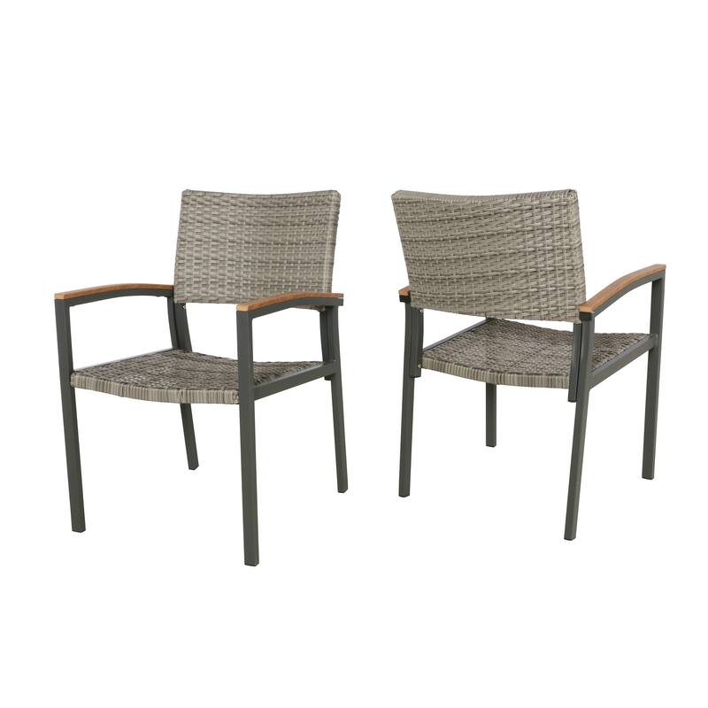 Outdoor Dining Chair Set of 2, Mesh Seat, Gray Rattan and Brown Faux Wood