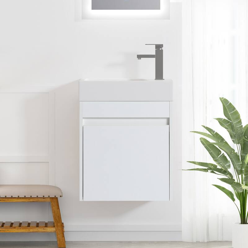18'' Floating Wall-Mounted Bathroom Vanity with White Resin Sink ,Soft-Close Cabinet Door - White Straight Grain