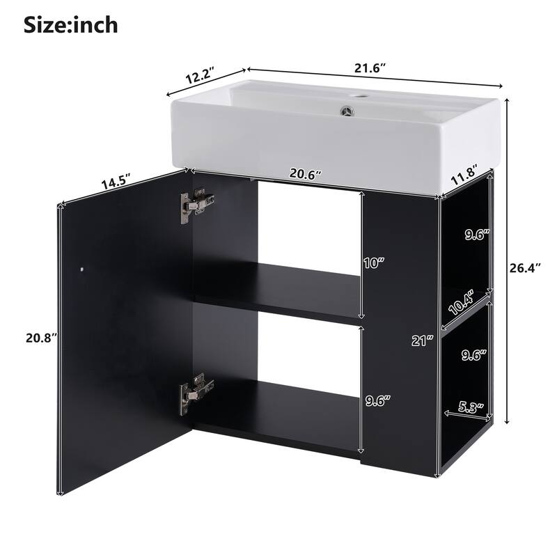 Contemporary Floating Vanity With Ceramic Sink – Space-Saving Design For Compact Bathrooms‌, Right side storage. - 21.6inch