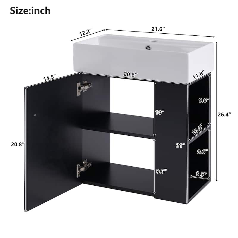 Wall-Mounted Bathroom Vanity Small Space Floating Cabinet with Sink, Wave-Patterned Door, Metal Handle and Right Side Storage
