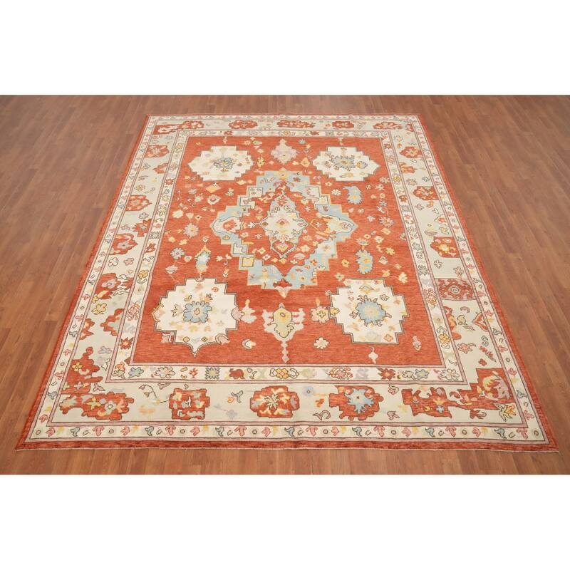 Hand Knotted Oriental 100% Wool Carpet Transitional Medallion Oranges & Rust Oushak Area Rug - 9' 11'' X 8' 3''