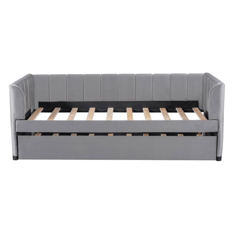 Twin Size Daybed Velvet Upholstered Sofa Bed with Trundle, Wood Platform Slat Support Bed Frame, Striped Tufted Backrest - Gray Twin - Trundle - Twin