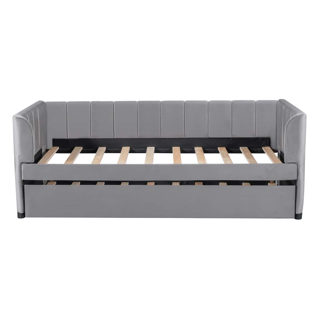 Twin Size Daybed Velvet Upholstered Sofa Bed with Trundle, Wood Platform Slat Support Bed Frame, Striped Tufted Backrest