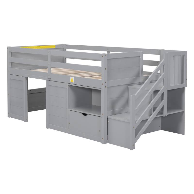 Solid Wood Low Loft Bed With Stair, Drawer, and Shelf