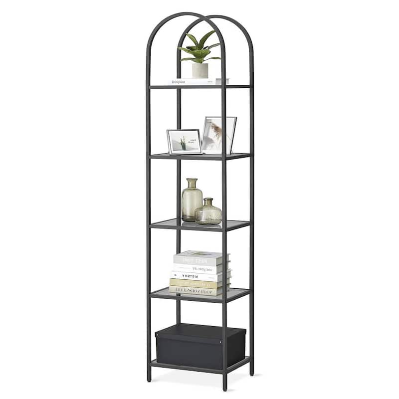 Arched Top Metal Display Rack Narrow Bookcase with 5 Glass Storage Shelves - Black