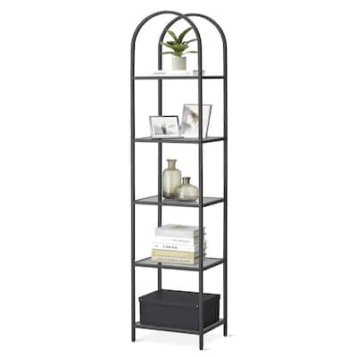 Arched Top Metal Display Rack Narrow Bookcase with 5 Glass Storage Shelves