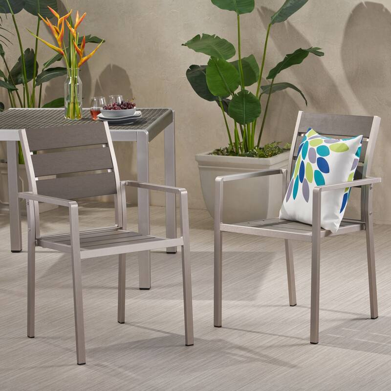 Roomfitters Modern Outdoor Aluminum Dining Chairs with Faux Wood Seat and Rust Resistant Frame, Grey, Set of 2