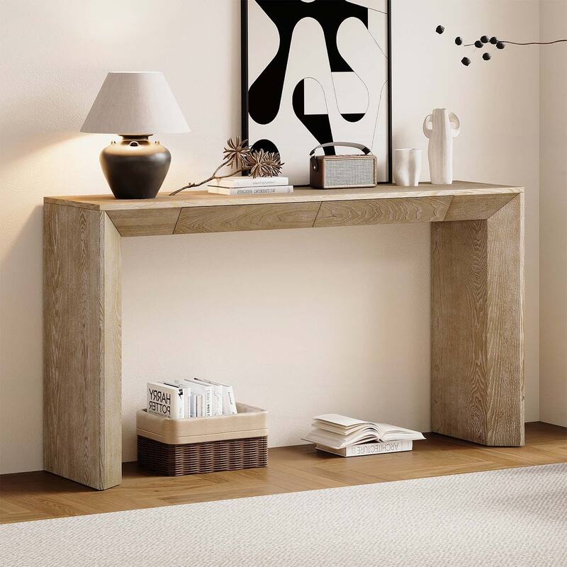 Farmhouse Console Table with 2 Concealed Drawers,Waterfall Edge,Thick Legs - Natural