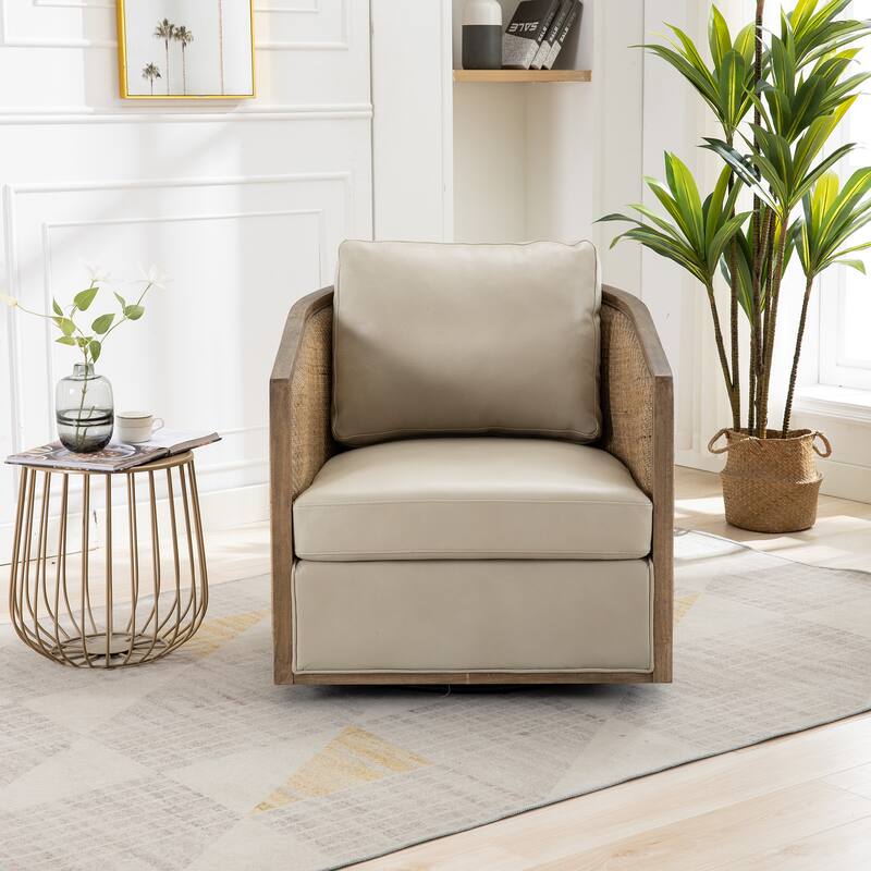 High Back 360 Degree Swivel Barrel Chairs, Leather Material Leisure Arm Chair Living Room Comfy Round Accent Sofa Chair - grey