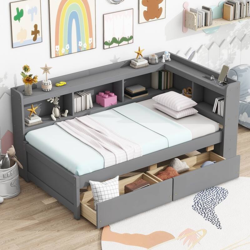 Twin Size L-shaped Bookcases Bed with Power Outlets, USB Charging Ports and Two Drawers - Grey