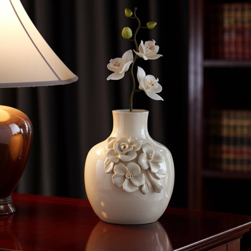 Ceramic Decorative Vase 3D Floral Detail Glossy Finish - 6" White