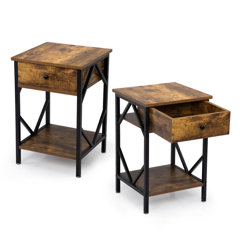 Rustic Brown Nightstand Set - 2 Industrial End Tables with Drawer ...