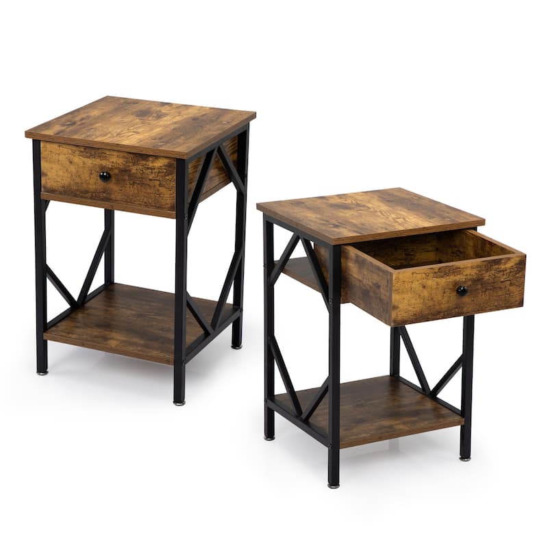 Rustic Brown Nightstand Set 2 Industrial End Tables with Drawer