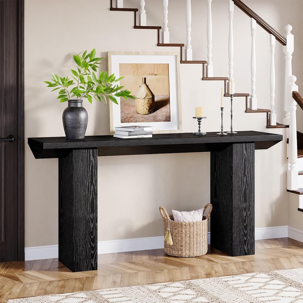 63" Black Wood Industrial Farmhouse Console Table, Extra Long Entryway Sofa Table for Hallway or Living Room