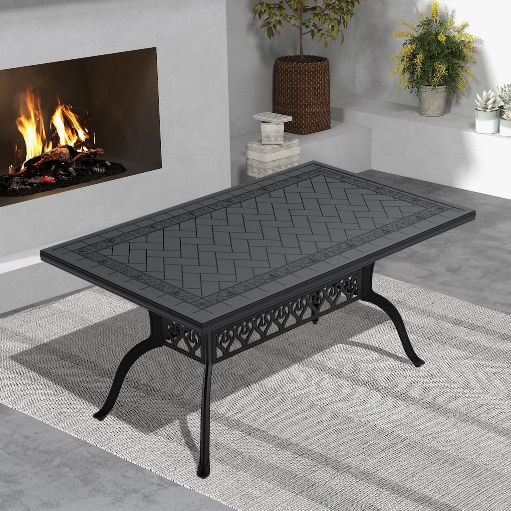 Cast Aluminum Patio Dining Table With Frame and Carved Texture on the Tabletop