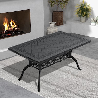 L59.05*W35.43-inch Cast Aluminum Patio Dining table With Black Frame and Carved Texture on the tabletop