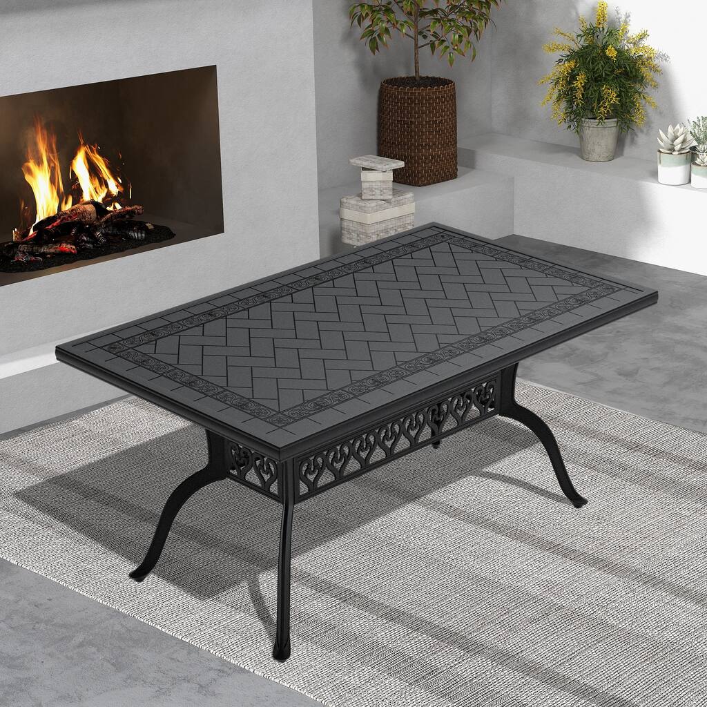 L59.05*W35.43-inch Cast Aluminum Patio Dining table With Black Frame and Carved Texture on the tabletop