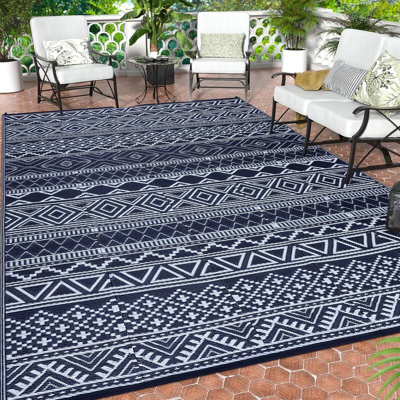 Outdoor Rug Waterproof Patio Rug Mat Geometric Rug Plastic Straw Outside Rug for RV Camping Picnic Reversible Rug