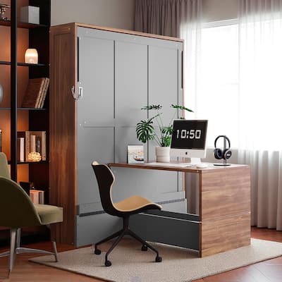 Full Size Murphy Bed with Foldable Desk, Wall Bed with Workstation, Space-Saving Cabinet Bed for Small Rooms