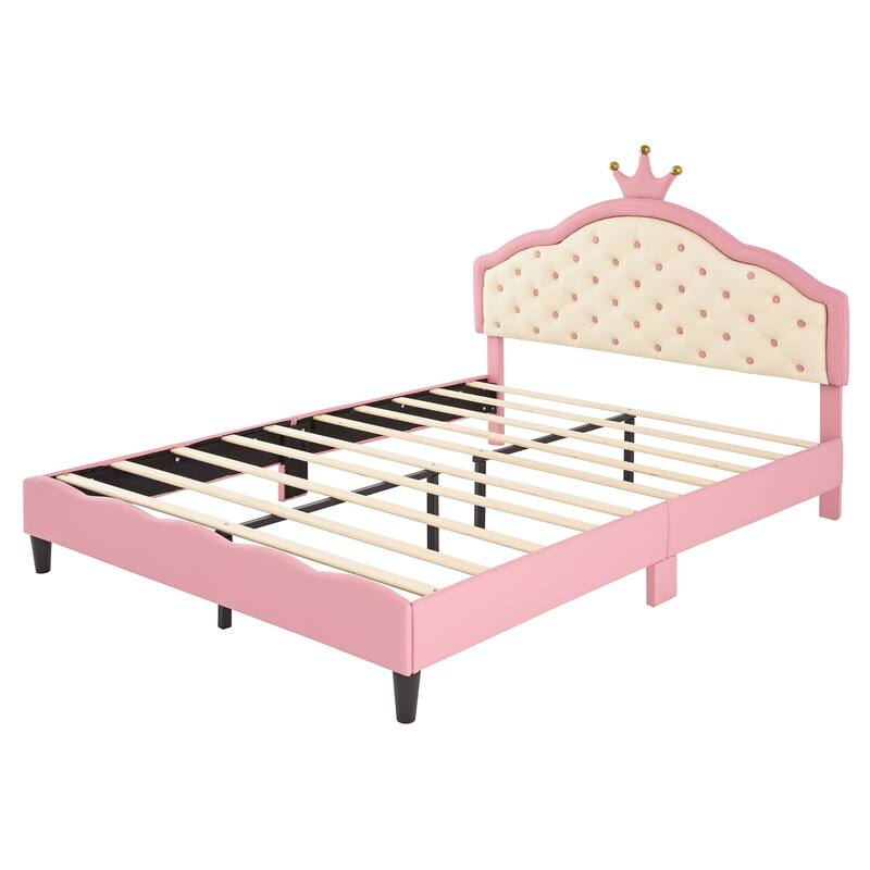 Full Size Pink Princess Bed with Crown-Shaped Tufted Headboard, PU Leather Upholstered MDF and Metal Frame