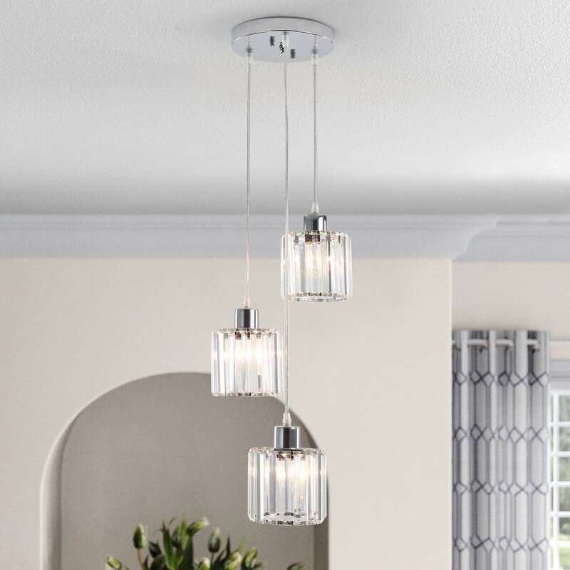 3-Light Modern Metal Hanging Pendant Light Ceiling Light Chandelier with Crystal Cover for Kitchen Island