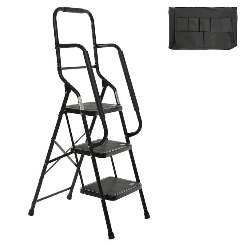 3-Step Folding Ladder with Handrails - Black