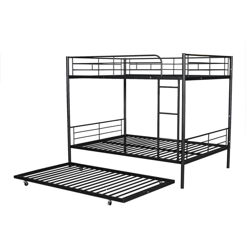 Metal Bunk Bed with Trundle and Guardrail, Convertible to Two Beds