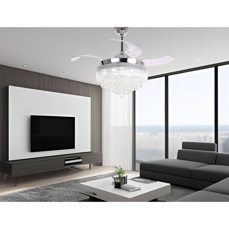 42 - Inch Retractable Blades LED Ceiling Fan, Crystal Ring Shade Comes with Remote