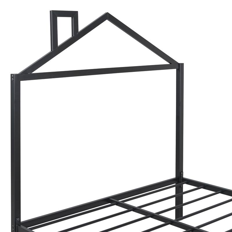 Full Size Metal Platform Bed with Two Drawers and House-Shaped Headboard