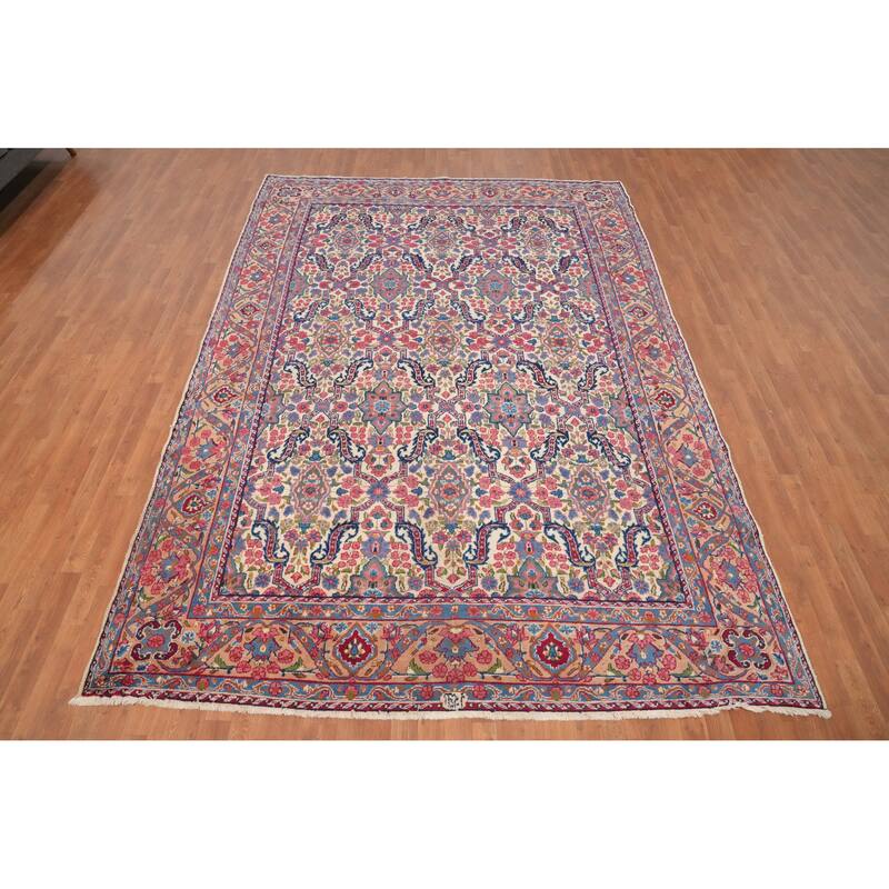 Hand Knotted Oriental 100% Wool Carpet Traditional Floral Beige & Ivories Kerman Area Rug - 11' 5'' X 8' 1''