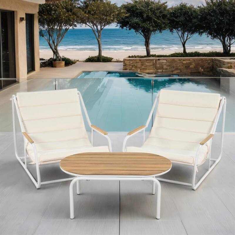 Outdoor Chaise Lounge Set w/ Acacia Side Table, Pool/Lawn/Deck, 3 Pcs