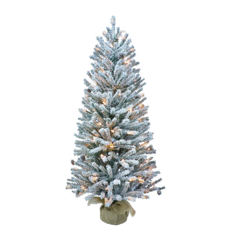 3' Pre-Lit Flocked Fir Artificial Christmas Tree with Pines Cones, Clear Lights - 3 Foot